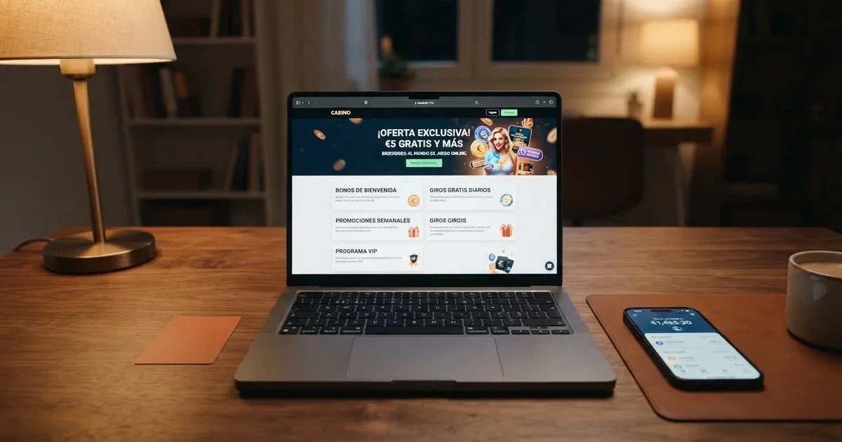 Un ordenador portátil con la pantalla mostrando la página de promociones de un casino online español, junto a un DNI español y un móvil con la app de banca