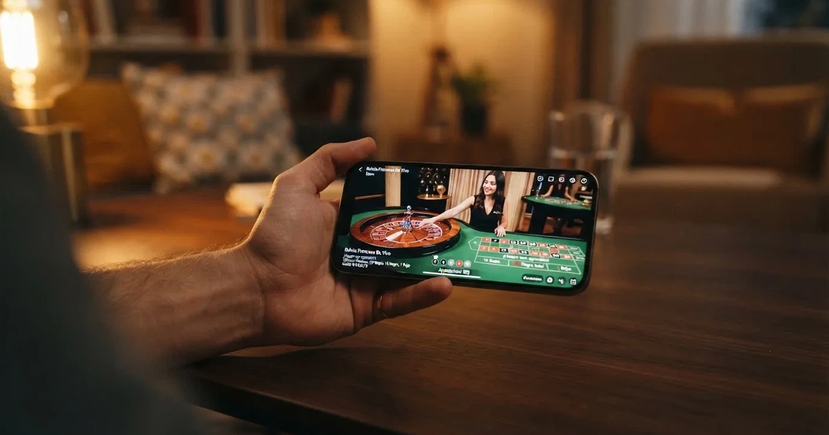 Un jugador sostiene un teléfono móvil en posición horizontal con la interfaz de una ruleta en vivo con crupier real visible en la pantalla