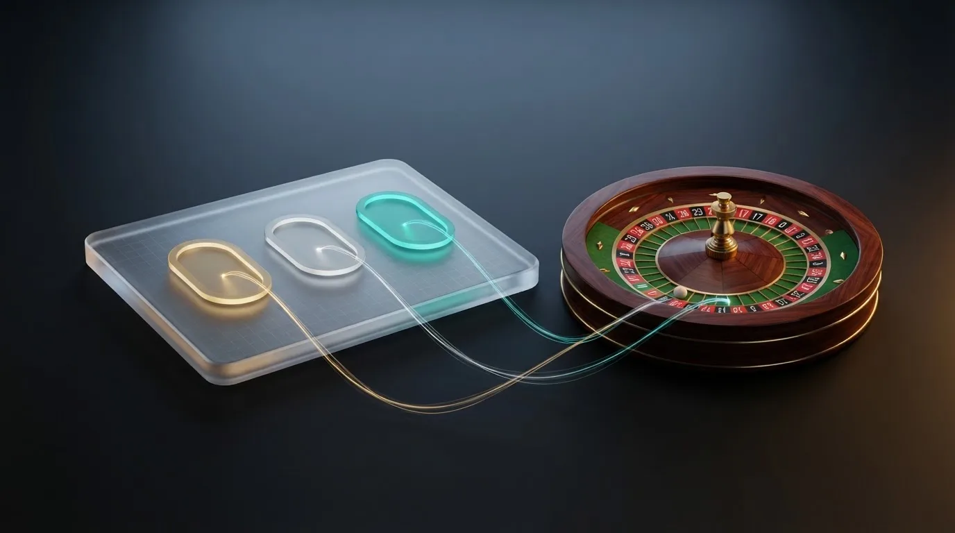 Cartera digital con símbolos de Bitcoin, Ethereum y USDT conectándose a una ruleta virtual sin formularios de registro