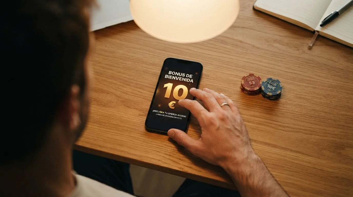 Pantalla de oferta de bono de bienvenida en un casino online español