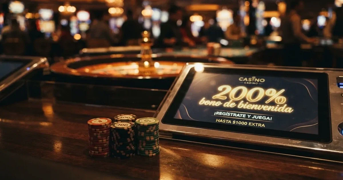 Primer plano de una pantalla que muestra el mensaje «200% bono de bienvenida» junto a fichas de casino apiladas y una ruleta al fondo