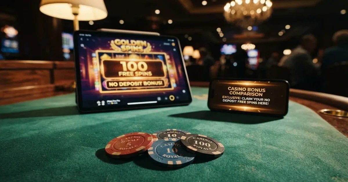 Comparativa de bonos sin depósito en una mesa con fichas, pantalla de casino y un móvil mostrando una oferta de tiradas gratis