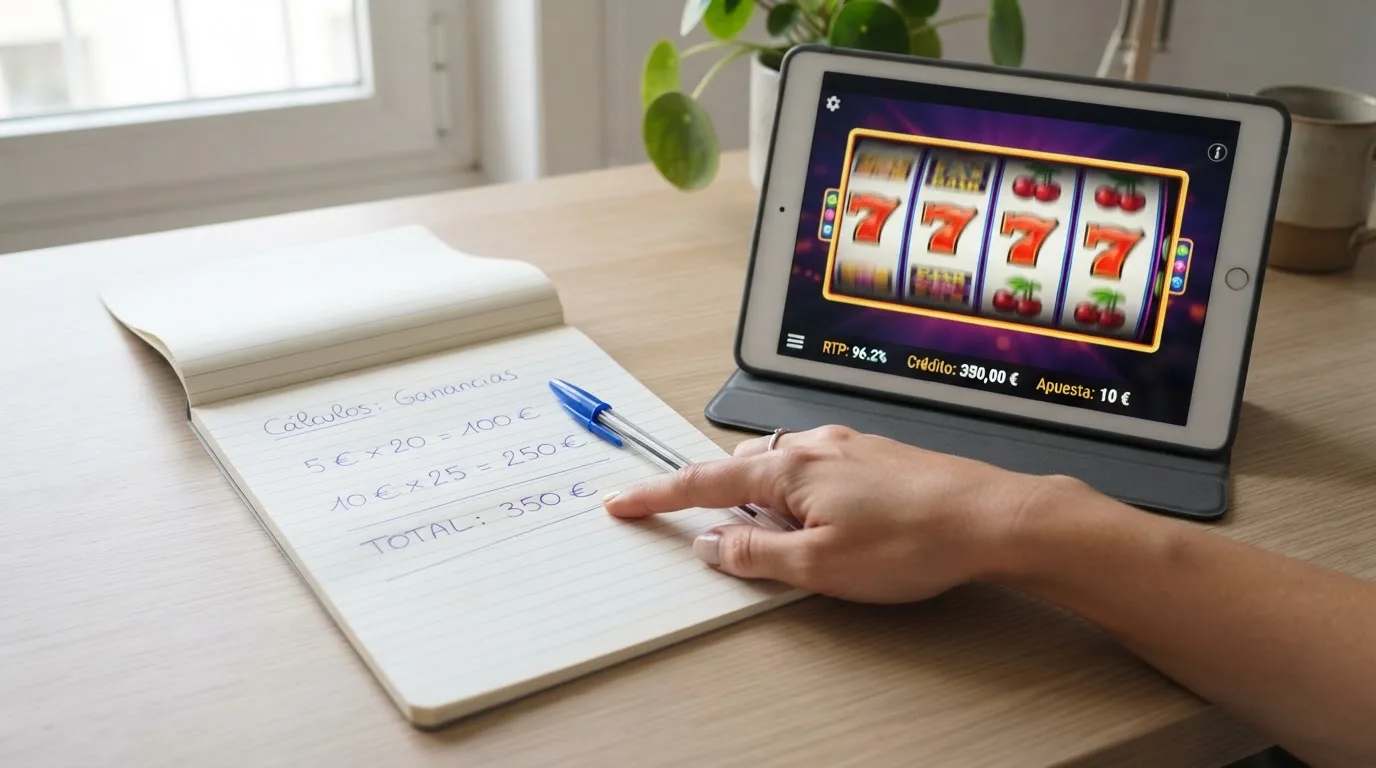 Una calculadora junto a una pantalla de tragaperras mostrando un desglose visual de apuesta, multiplicador y saldo bloqueado frente a saldo retirable.