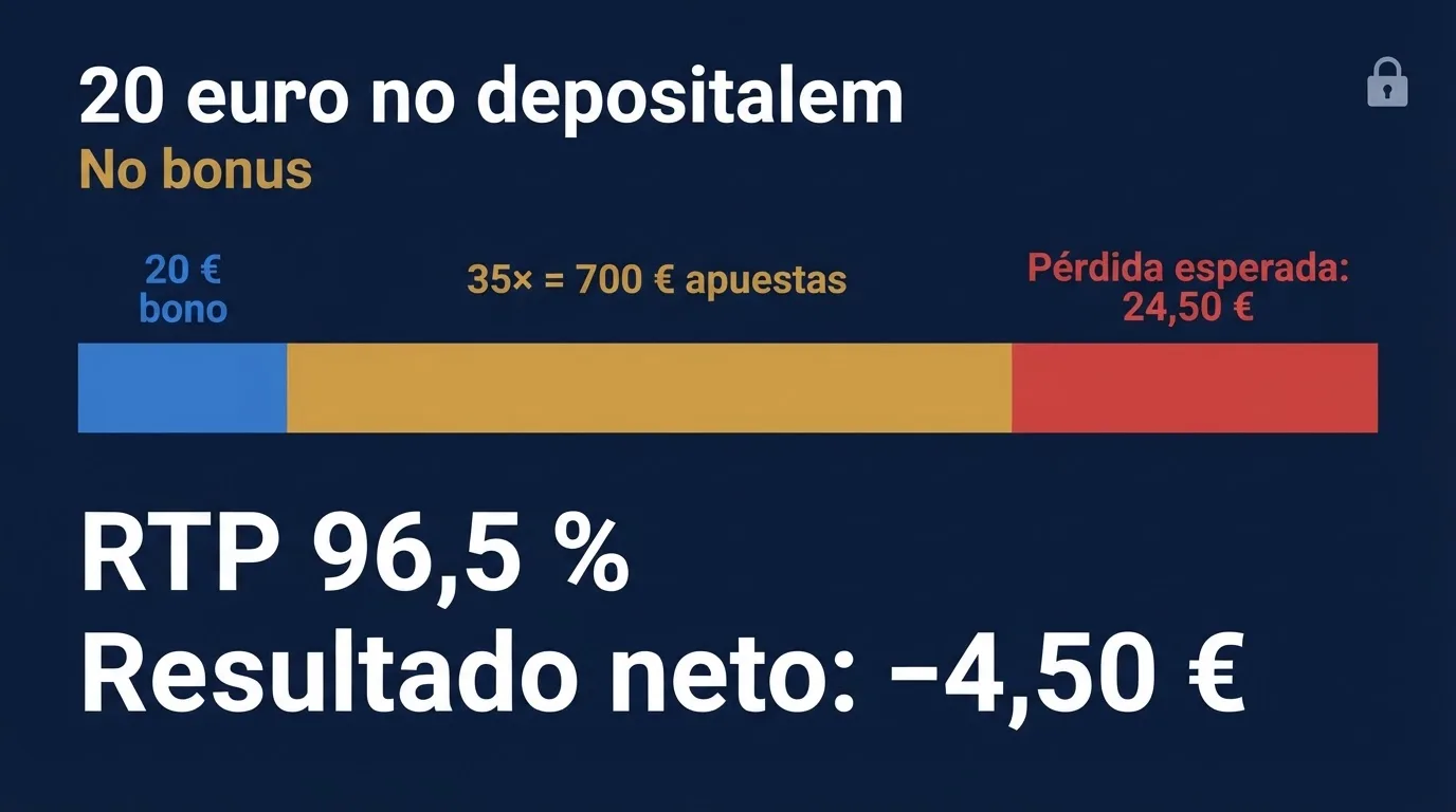 Infografía con el desglose matemático de un bono de 20 euros: multiplicador de apuesta, volumen total de juego exigido y pérdida esperada según el RTP de una tragaperras