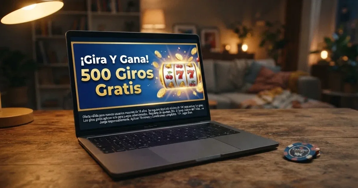 Pantalla de un casino online español mostrando una promoción de tiradas gratis sin depósito con sus condiciones visibles en letra pequeña