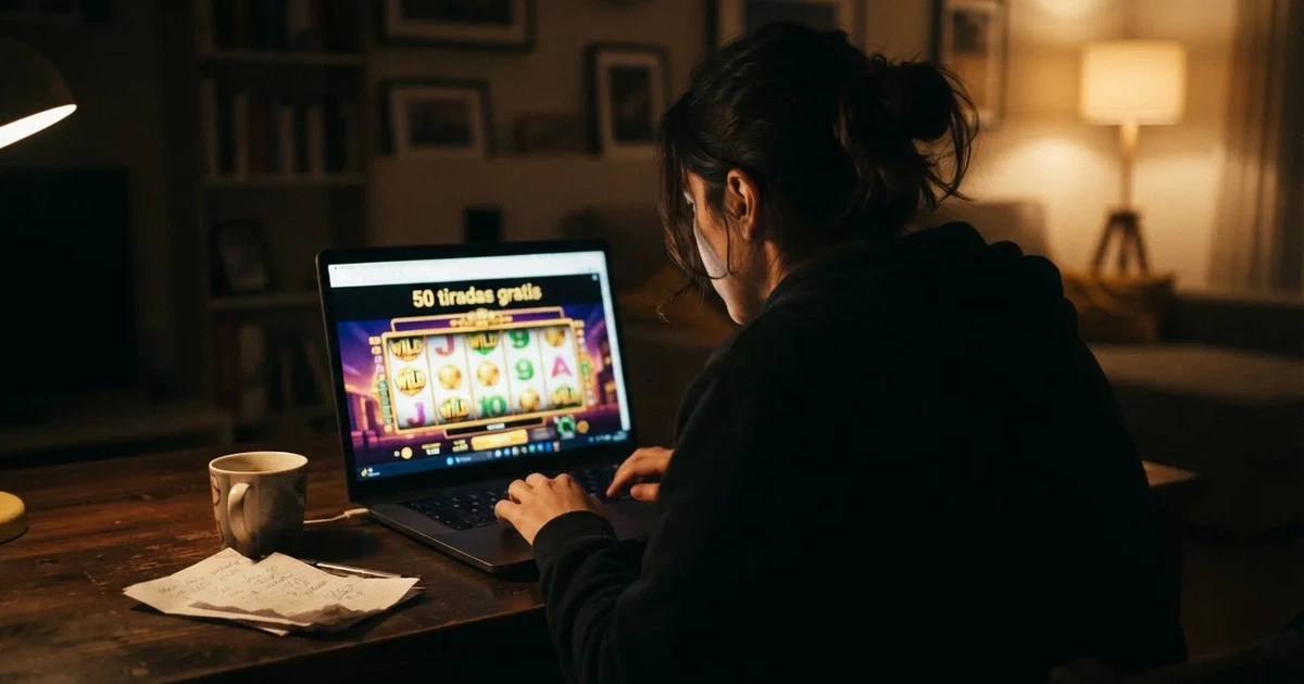 Pantalla de un casino online mostrando una promoción de 50 tiradas gratis sin depósito en una tragaperras