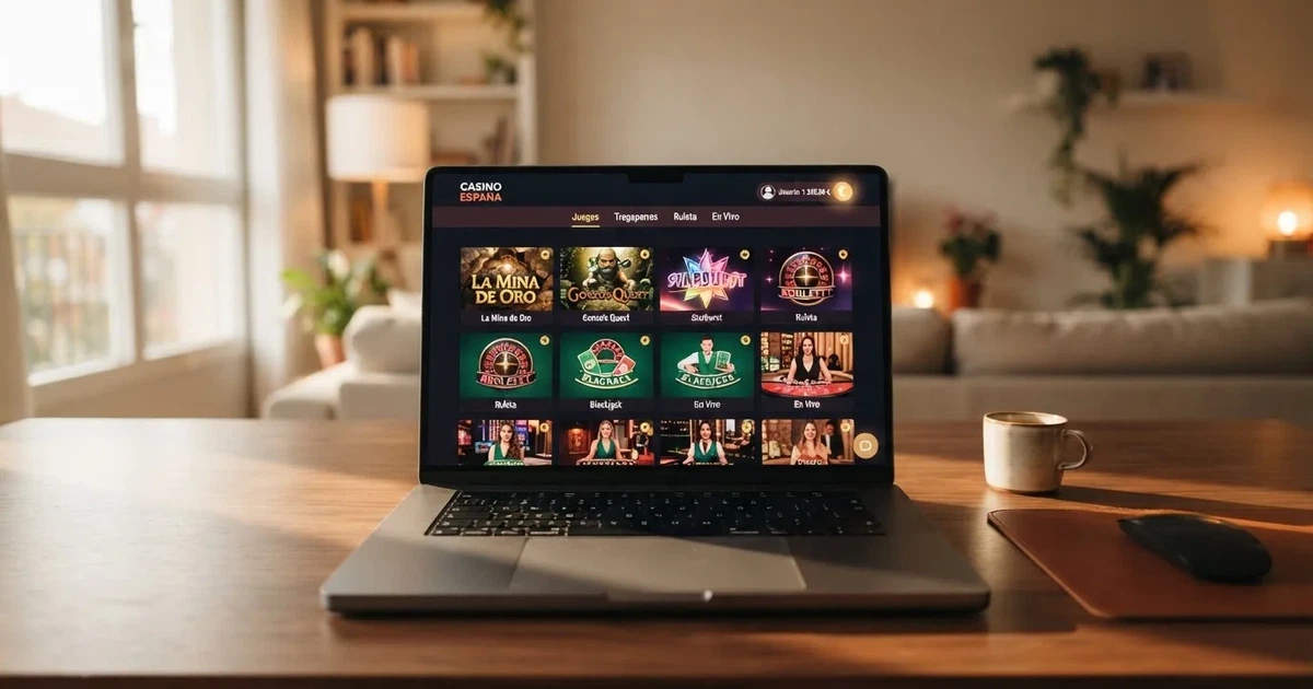 Pantalla de inicio de CasinoBarcelona.es en un ordenador portátil, con el vestíbulo de juegos visible y el logotipo del casino