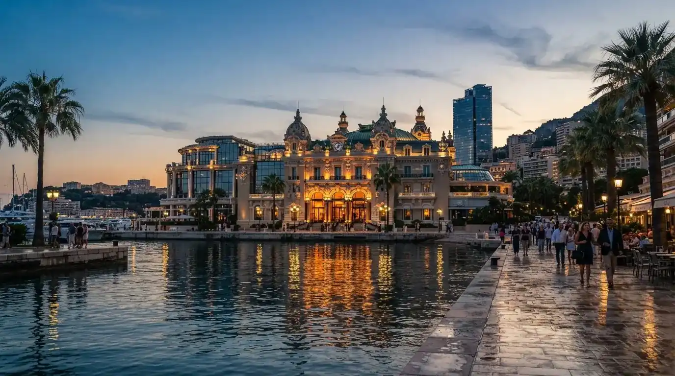 Fachada del Gran Casino de Barcelona en el Port Olímpic junto al mar, con la torre del Hotel Arts al fondo