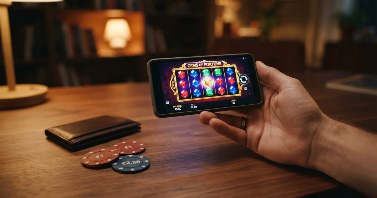 Un jugador sostiene un teléfono móvil con la pantalla de depósito de un casino online en español abierta; sobre la mesa hay un billete de cinco euros y un monedero.