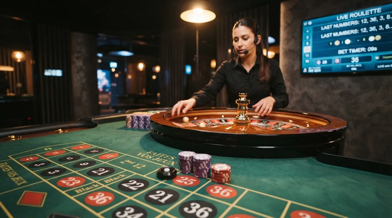 Mesa de ruleta en vivo con crupier real retransmitida desde un estudio de casino online