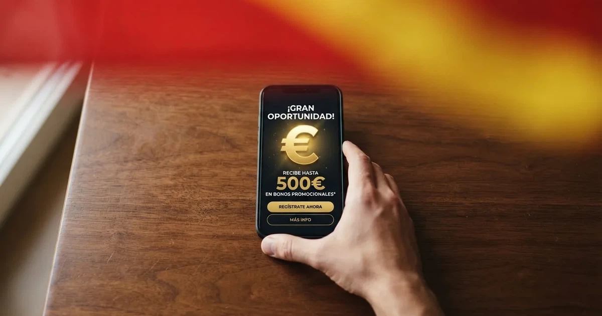 Mano sostiene un móvil con la pantalla de un casino online español mostrando el apartado de promociones, sobre un fondo limpio con los colores de la bandera española