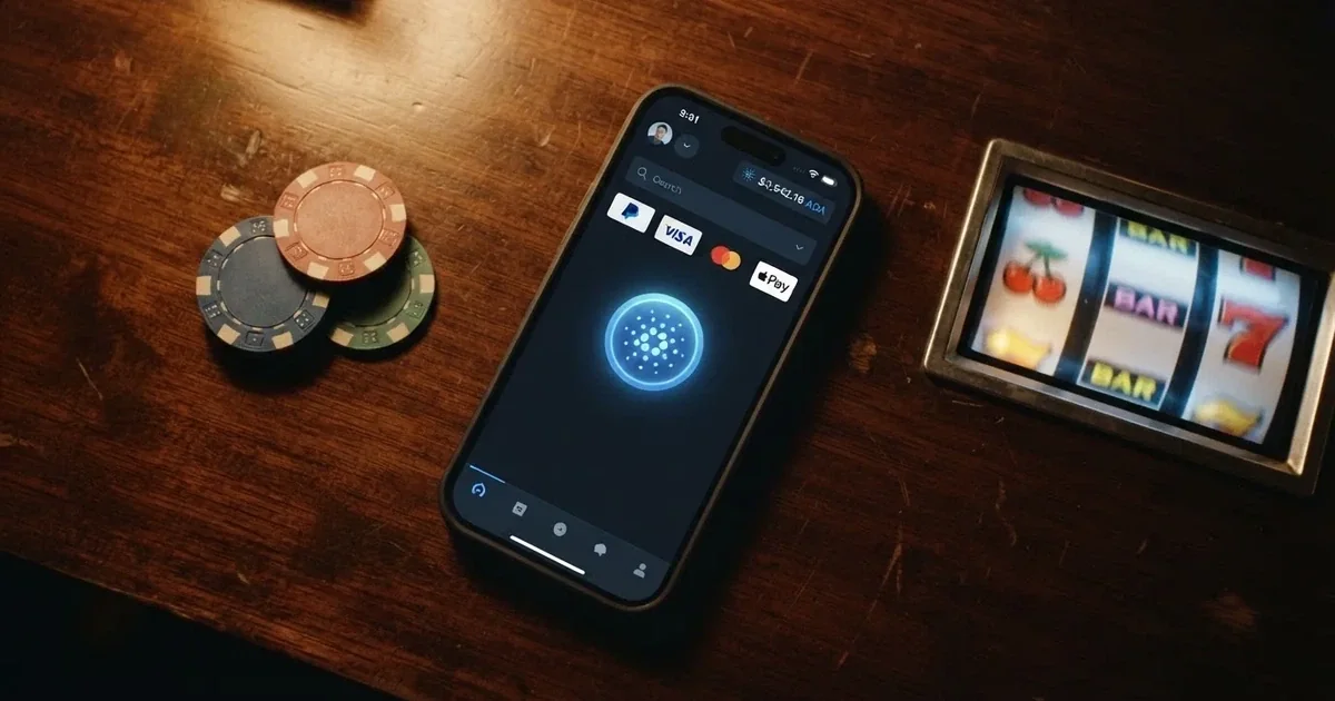 Interfaz de un casino online que muestra el logotipo de Cardano (ADA) entre los métodos de pago aceptados, junto a fichas de ruleta y una pantalla de tragaperras