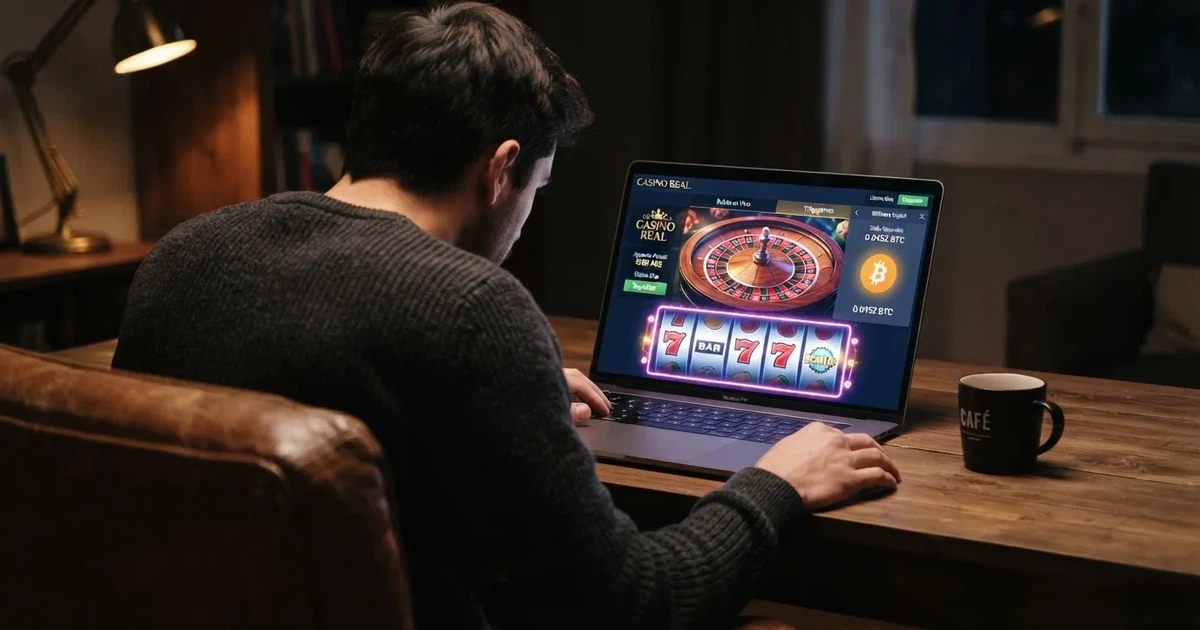 Un jugador consulta un casino online en su portátil mientras en la pantalla se muestra el logotipo de Dogecoin y una wallet digital abierta con saldo en DOGE.