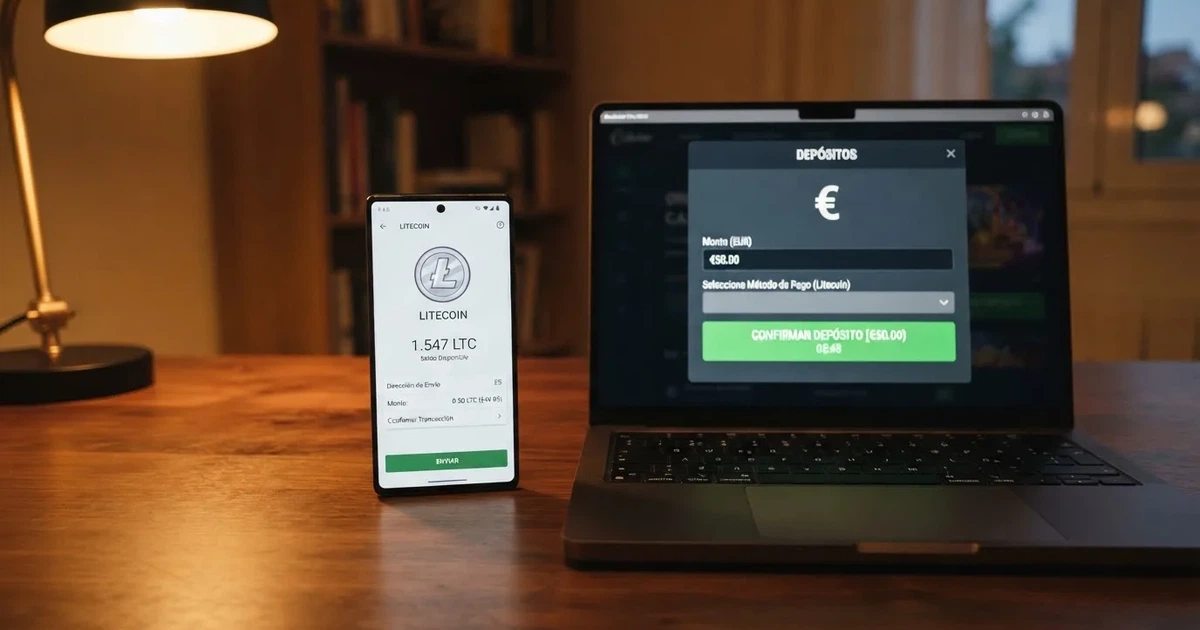 Comparativa visual de un monedero Litecoin junto a la interfaz de un casino online, con el icono de Litecoin y una pantalla de depósito