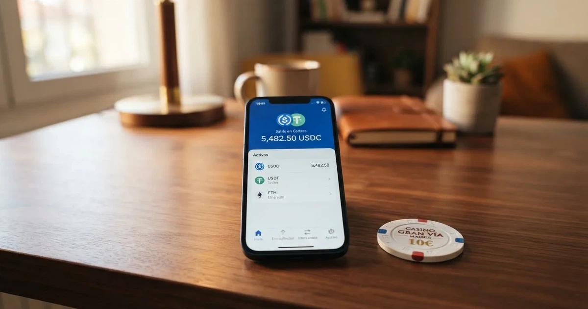 Cartera de criptomonedas en un móvil mostrando USDC junto al logotipo de un casino online con licencia DGOJ
