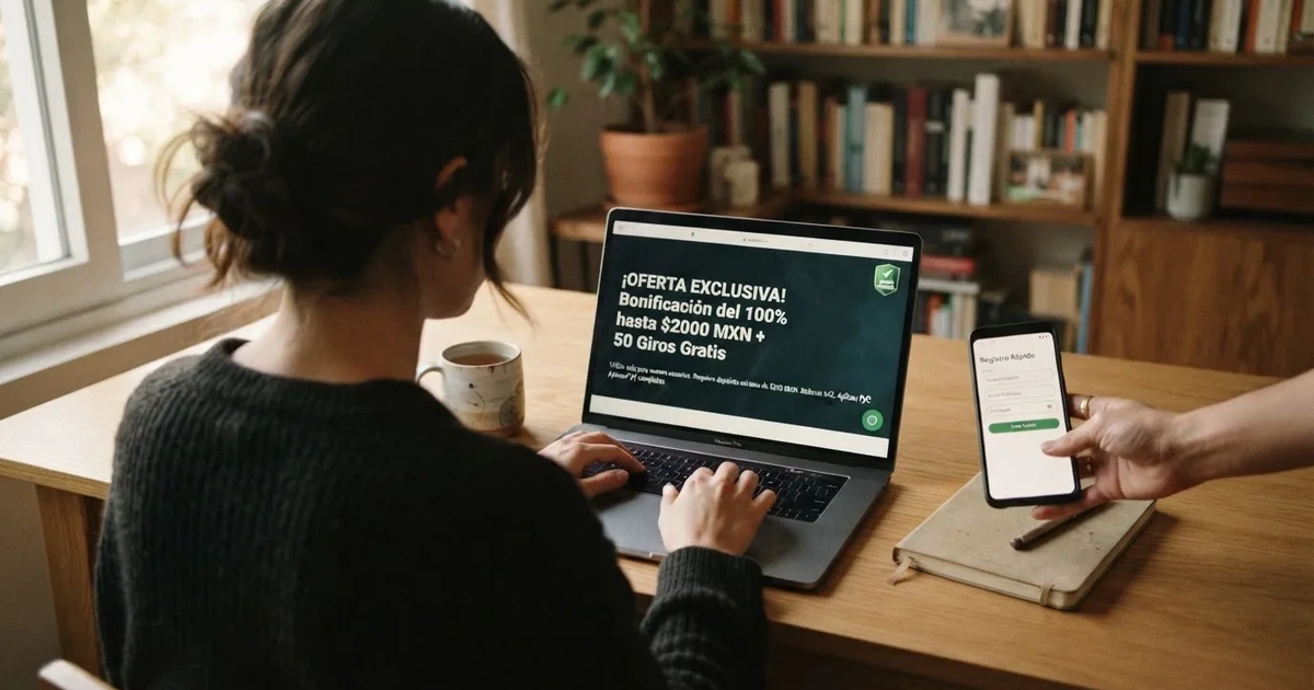 Un jugador consulta los términos de una promoción en la pantalla de un ordenador portátil mientras sostiene el teléfono móvil, con el logotipo de la DGOJ visible en la esquina de la web