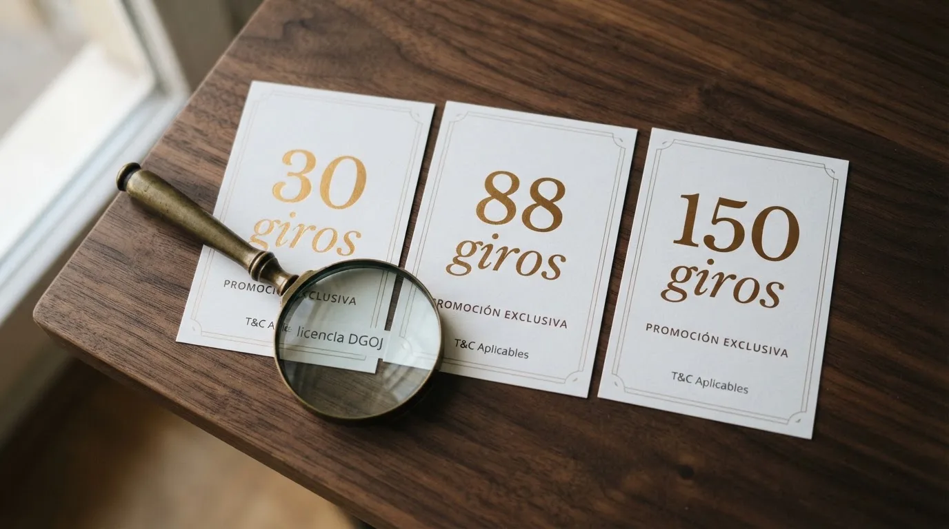 Pantalla dividida con tarjetas de tres casinos online españoles mostrando sus ofertas de giros gratis, una lupa sobre la palabra «licencia DGOJ» en una de ellas