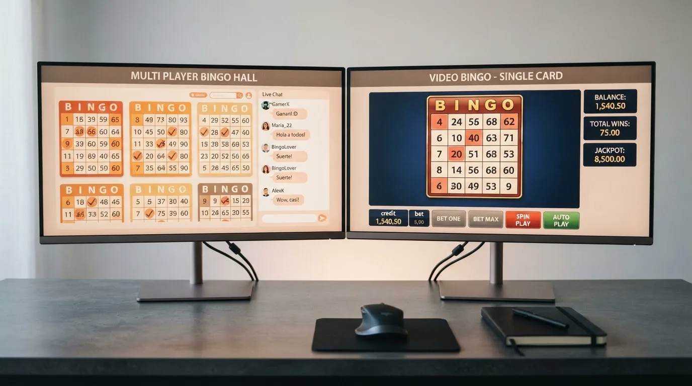 Pantallla dividida mostrando una sala de bingo multijugador con chat a la izquirda y un lobby de video bingo a la derecha, con el sello de licencia DGJO visible