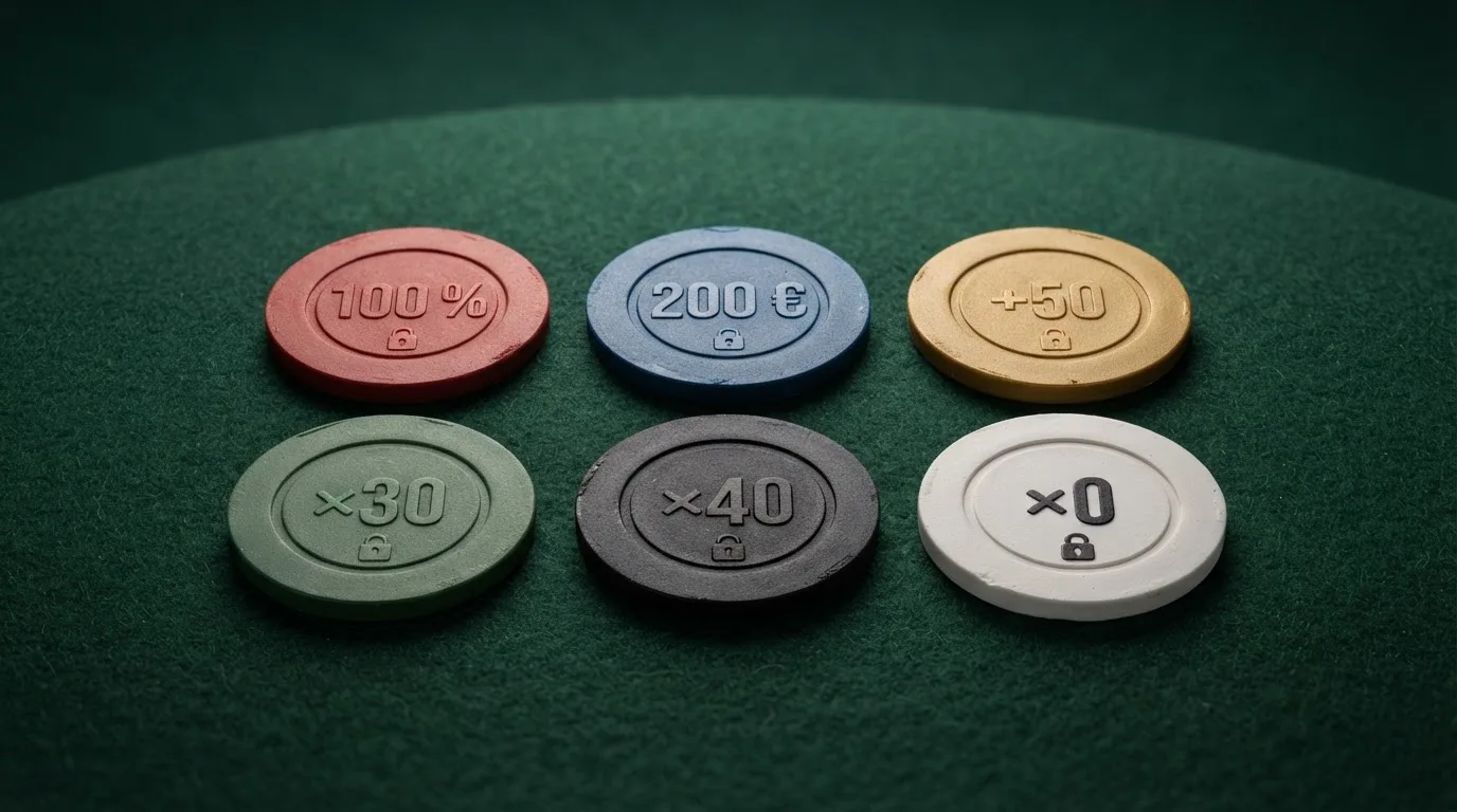 Una cuadrícula con fichas de casino sobre una mesa de juego verde, cada ficha rotulada con un porcentaje de bono y un icono de candado que representa la licencia DGOJ