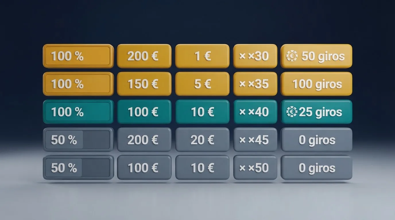 Representación visual de una tabla comparativa con los elementos clave de cada bono de bienvenida: porcentaje de igualación, importe máximo, depósito mínimo y rollover