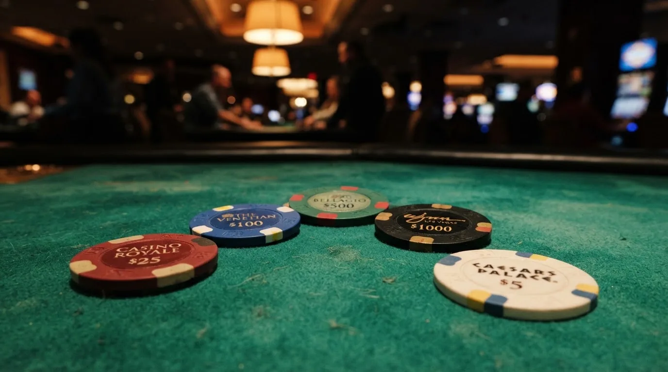 Una mesa de comparación con fichas de casino alineadas, cada una representando un operador distinto con su bono sin depósito