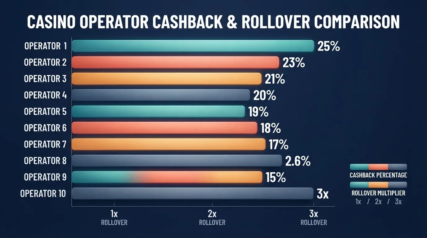 Tabla comparativa con los porcentajes de cashback y condiciones de rollover de los principales operadores con licencia DGOJ