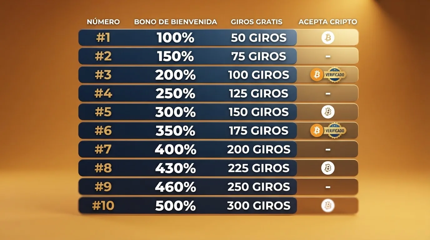 Ficha comparativa de los 10 operadores Anjouan analizados, con columnas de bono, tiradas gratis y soporte cripto