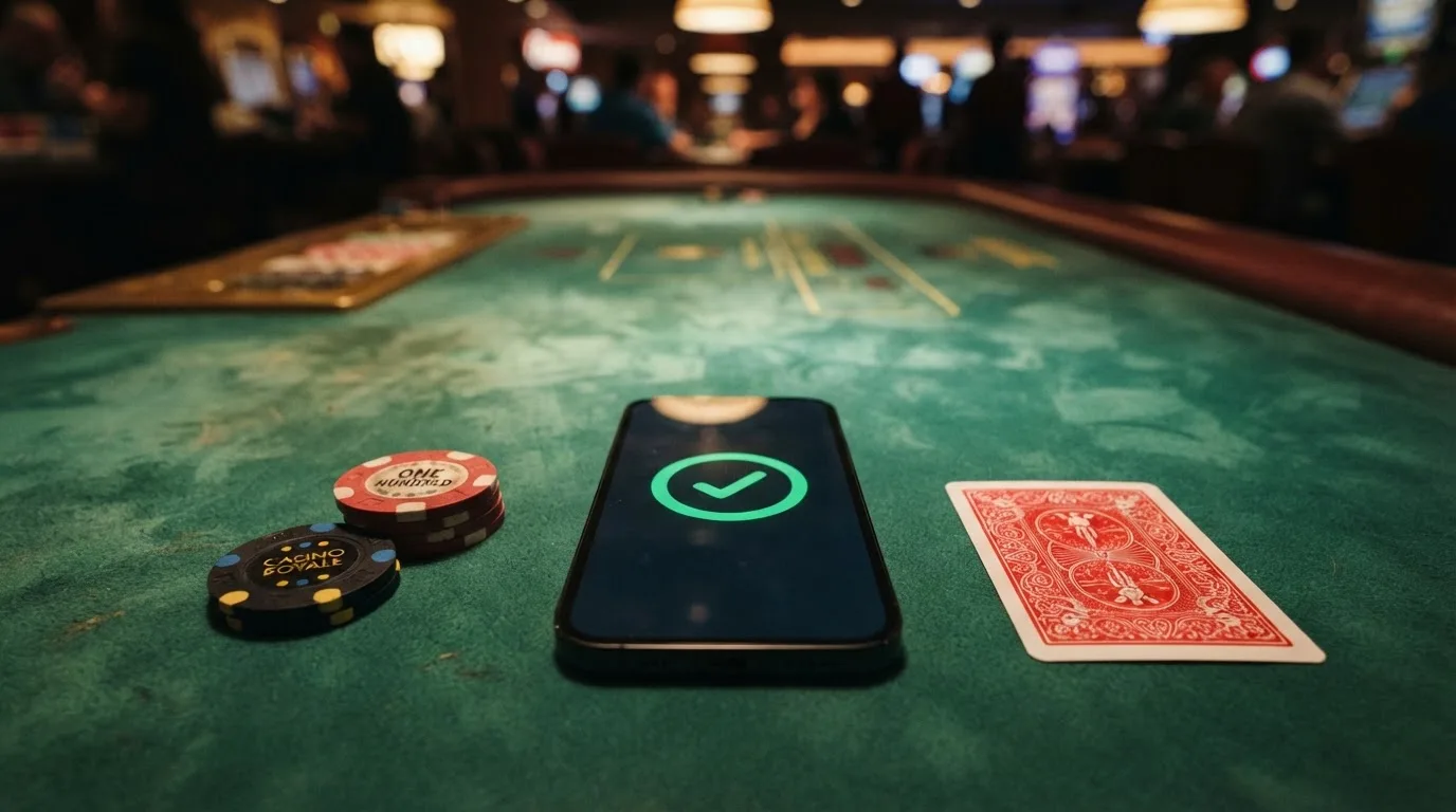 Una mesa de casino con fichas y un móvil en el centro mostrando la lista de casinos con el check verde de licencia DGOJ y el logo de Bizum