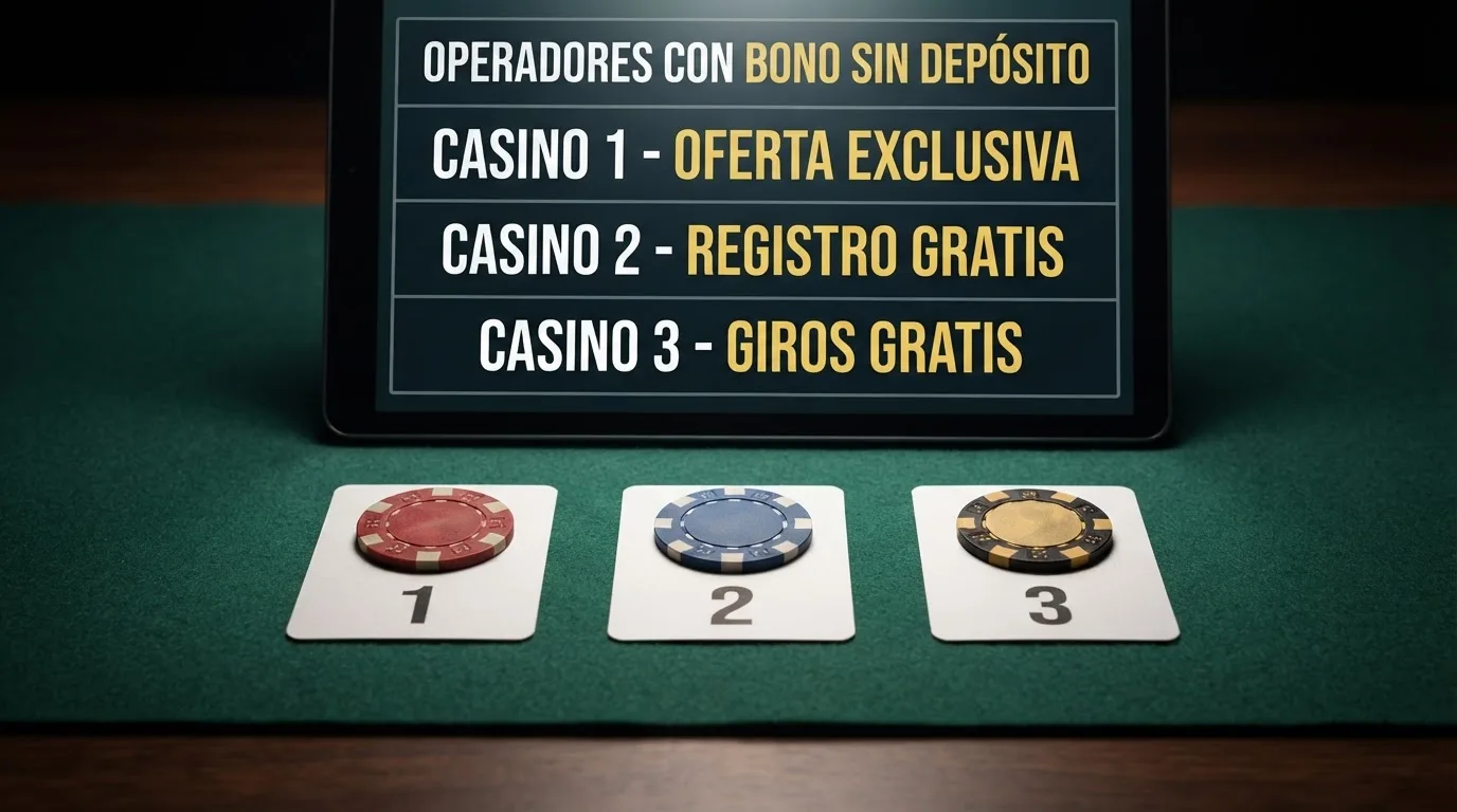 Una tabla comparativa con los logotipos de los tres casinos que ofrecen bono sin depósito (Luckia, OneCasino, PlayUZU) sobre un fondo de pantalla de casino