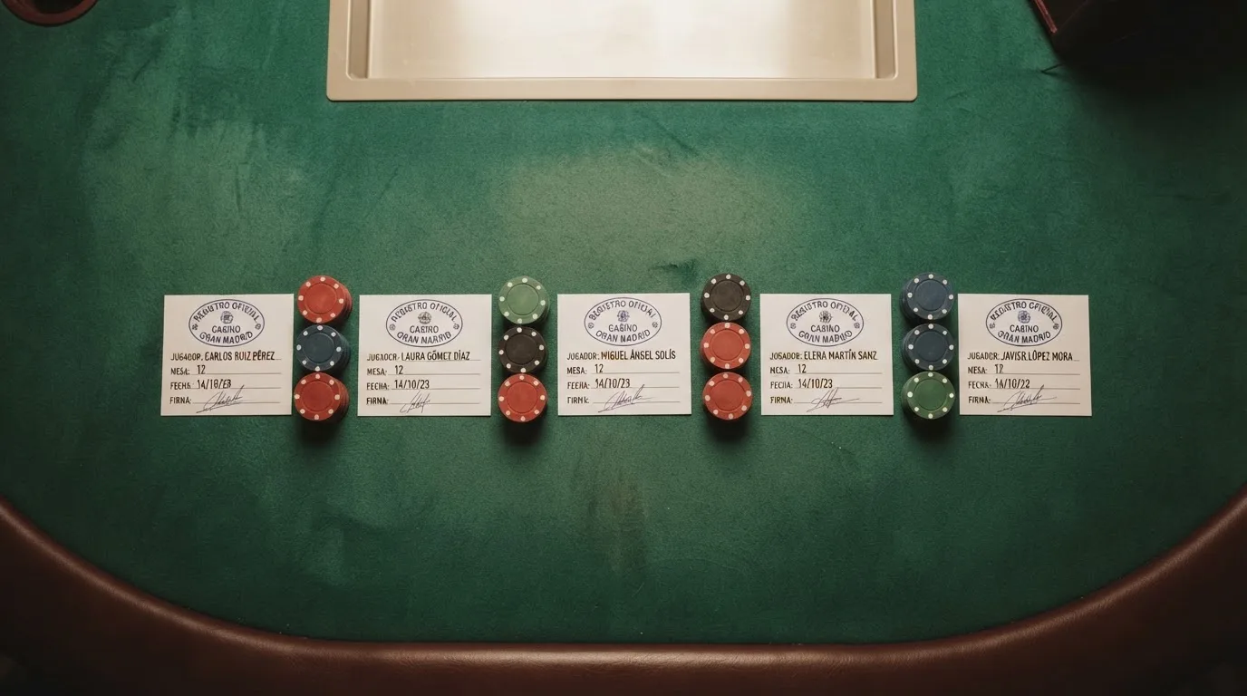 Vista cenital de varias cartas de registro de casino online con el sello de la DGOJ visible, ordenadas sobre una mesa de juego