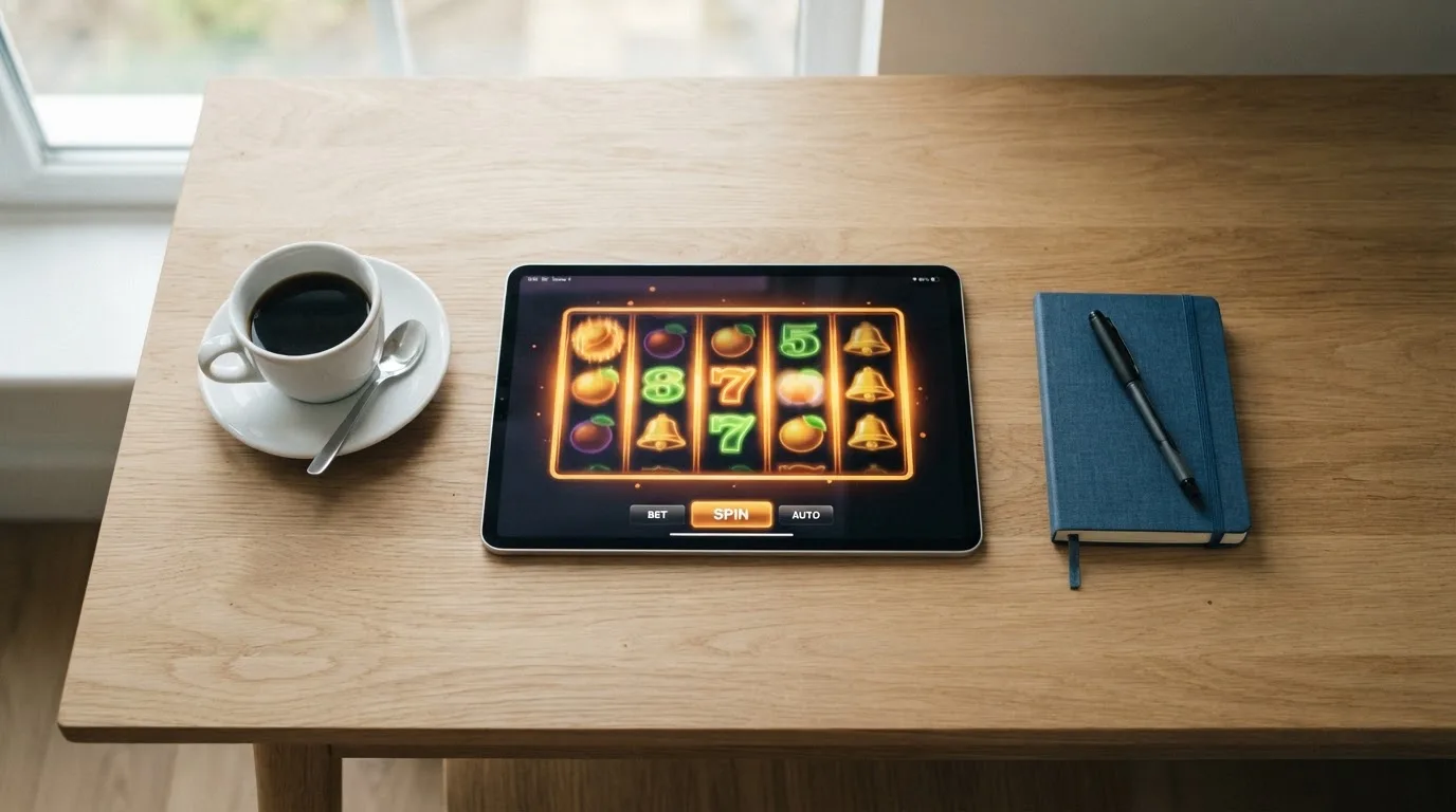 Vista cenital de un escritorio con una tableta que muestra una tabla comparativa de casinos y una taza de café al lado, en un entorno doméstico diurno