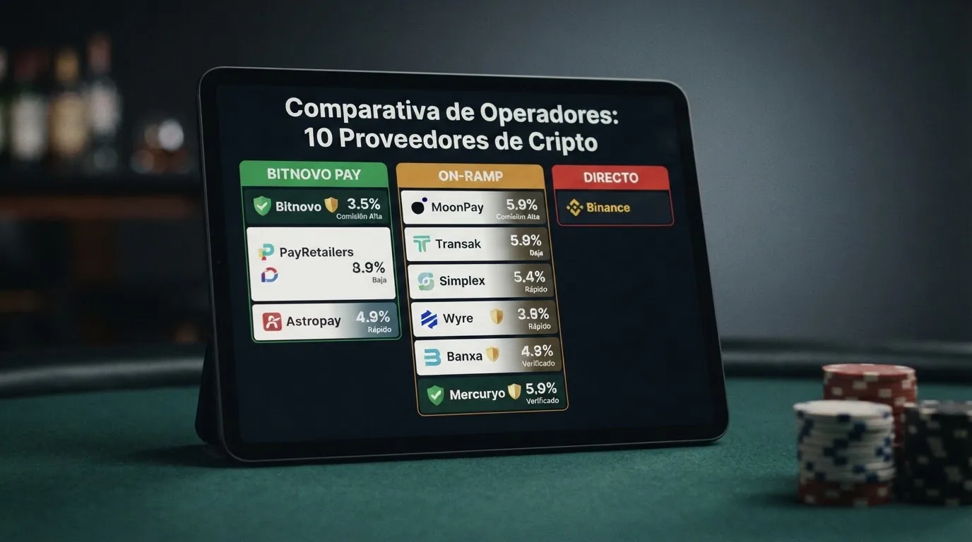 Tabla con los 10 casinos analizados, su método de aceptación de USDC, tipo de licencia y depósito mínimo