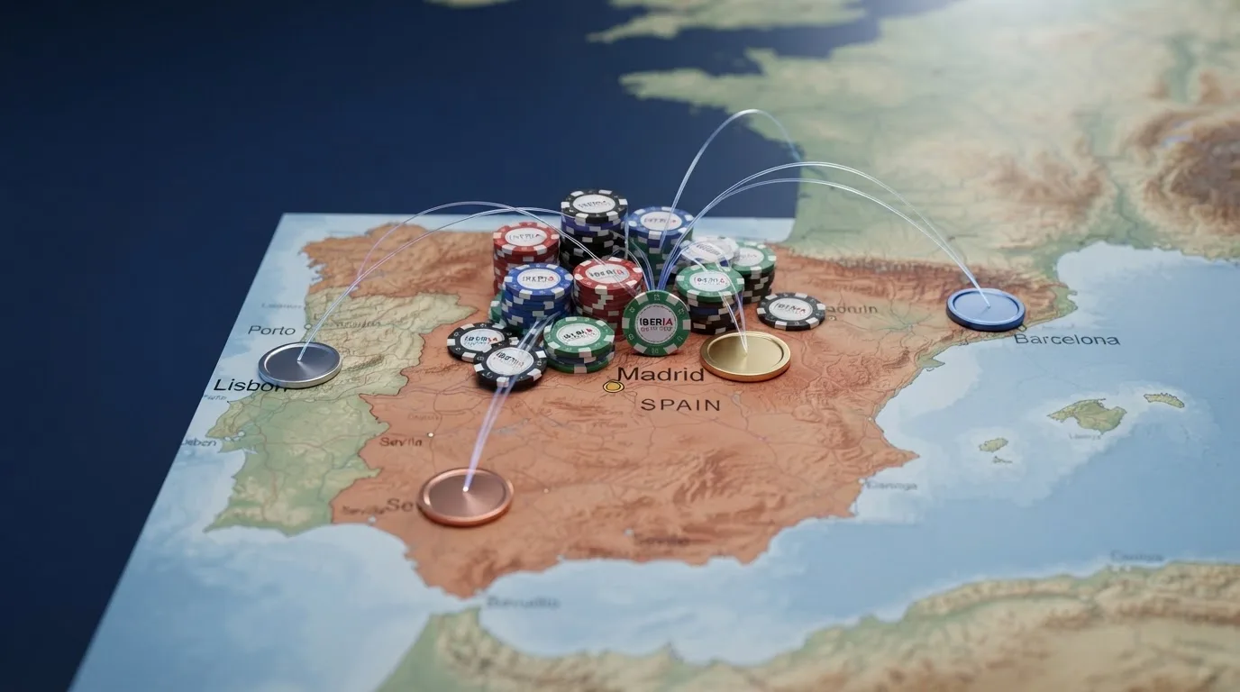 Fichas de casino digitales junto a monedas cripto flotando sobre un mapa de España