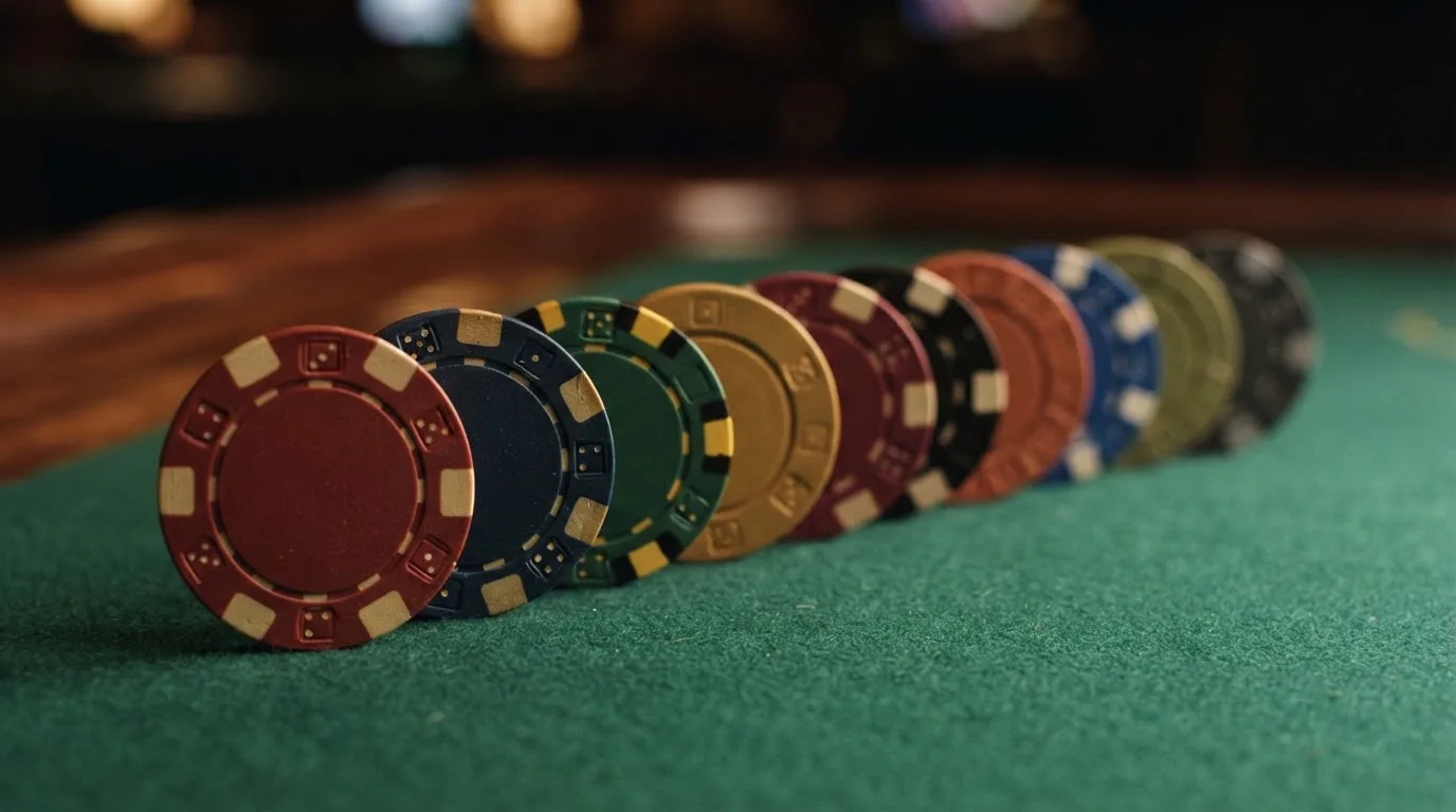 Una fila de diez fichas de casino alineadas sobre un tapete verde, cada una con el nombre de un operador DGOJ, ordenadas por el valor real de su oferta