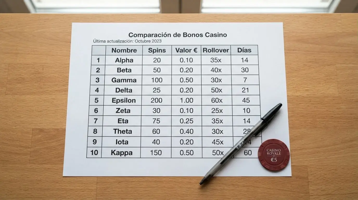 Tabla comparativa con los nombres, tiradas, valor por giro y condiciones de los casinos analizados
