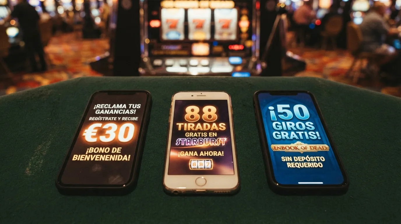 Varias tarjetas de casino online alineadas mostrando distintos importes de bono — 30 €, 88 tiradas, 50 giros — sobre un fondo de pantalla con tragamonedas
