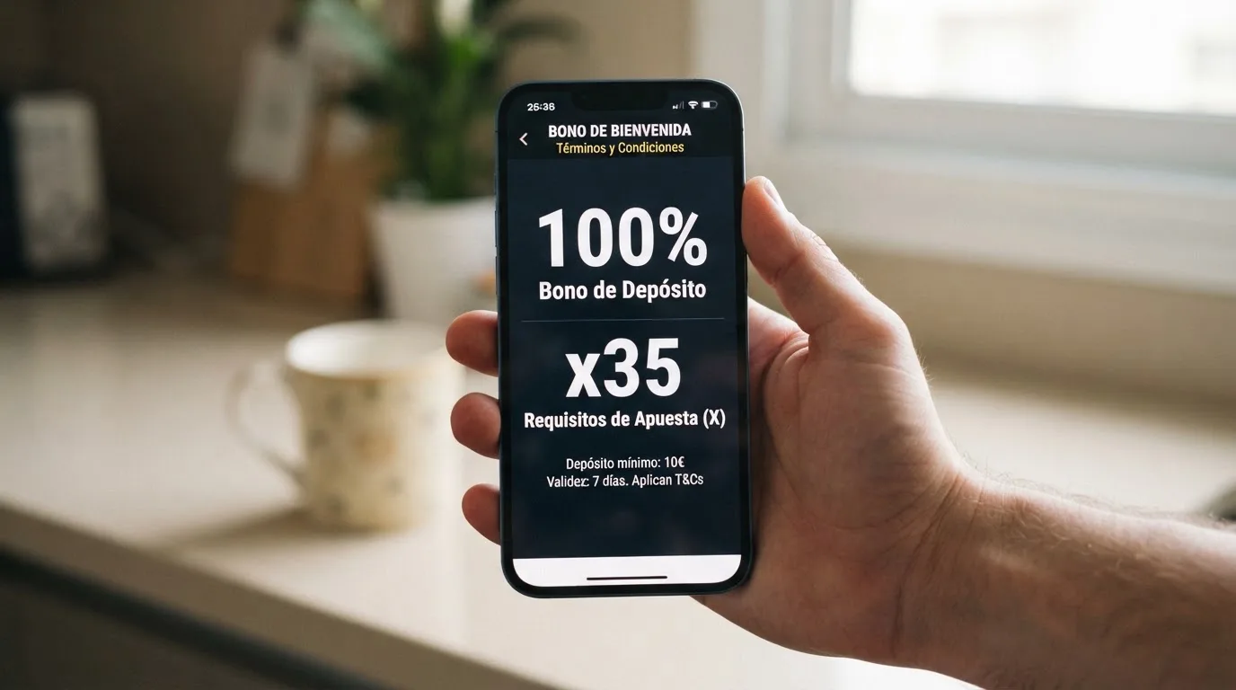 Un primer plano de una mano sujetando un móvil con la pantalla de condiciones de bono de un casino, donde se lee el porcentaje de bonificación y el requisito de apuesta