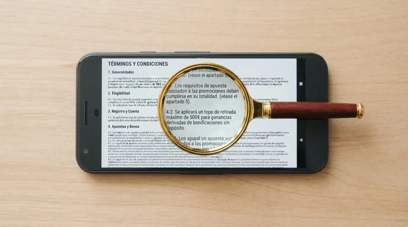 Primer plano de unos térmnos y condiciones de promoción en un casino online con una lupa digital sobre las líeas de «requisito de apuesta» y «tope de retirada»