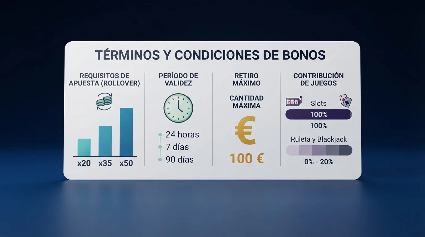 Comparativa visual de los cuatro elementos que determinan el valor de unas tiradas gratis: porcentaje de rollover, plazo de caducidad, tope de retirada y porcentaje de contribución de slots al wagering