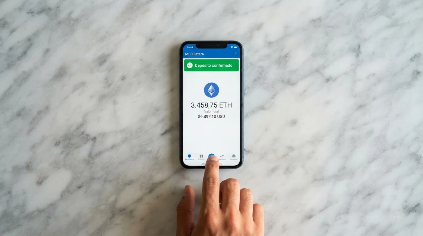 Una secuencia visual de tres pasos: un monedero digital mostrando saldo en DOGE, una pantalla de casino con una dirección de depósito que empieza por «D», y una notificación de «depósito confirmado» en verde.