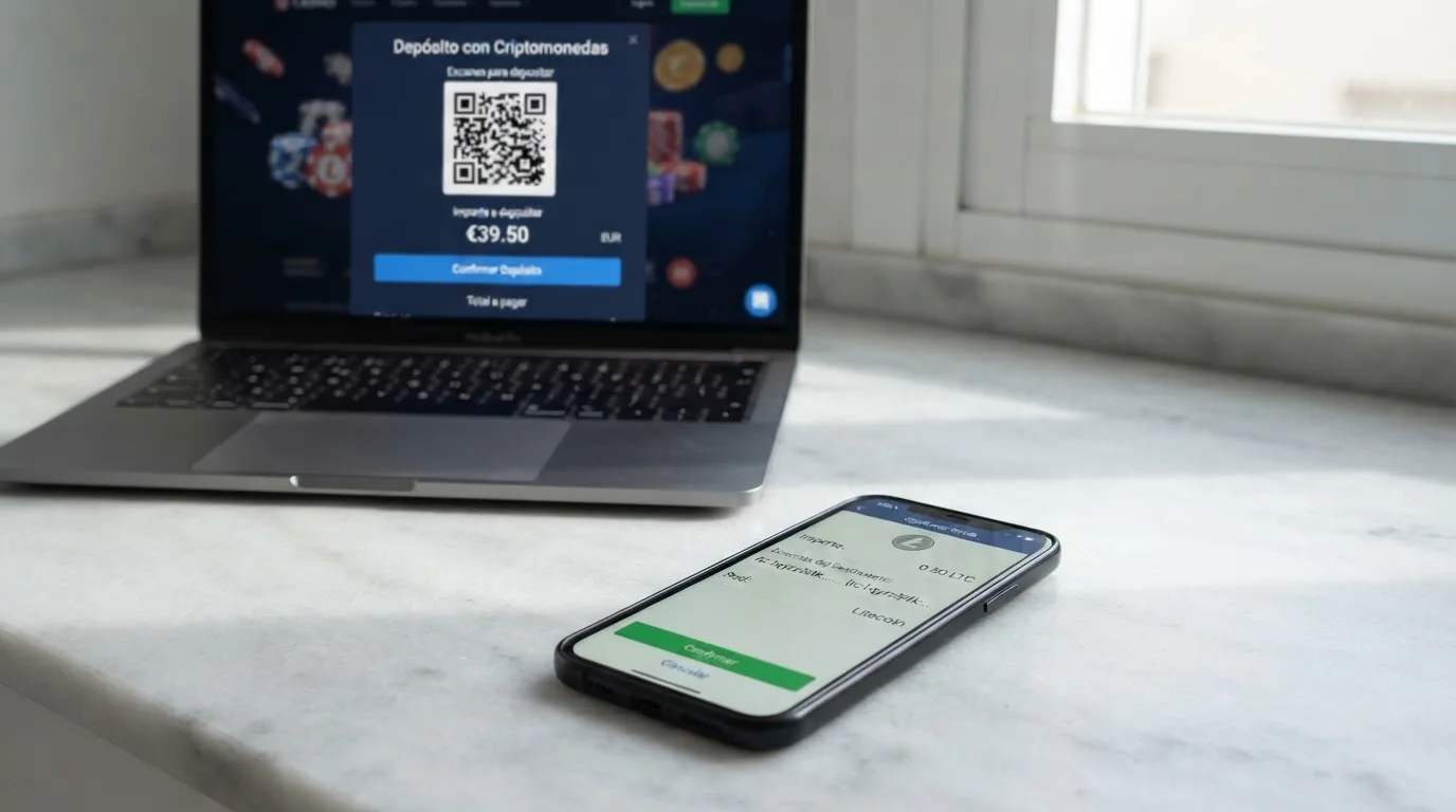 Pantalla de un monedero Litecoin mostrando una transacción de envío junto a la interfaz de depósito de un casino online con la dirección LTC visible