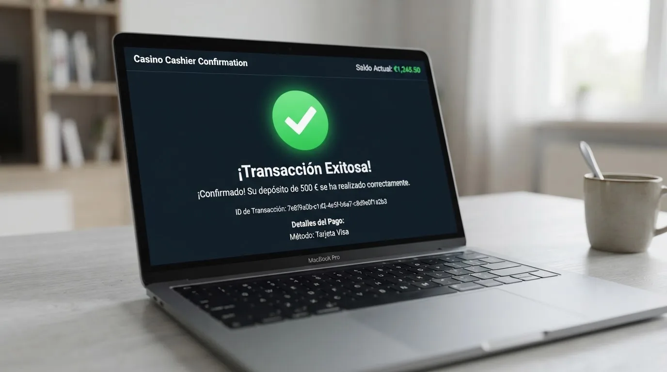 Interfaz del cajero de un casino online con una transacción de depósito en SOL completada y el hash de la operación visible en pantalla