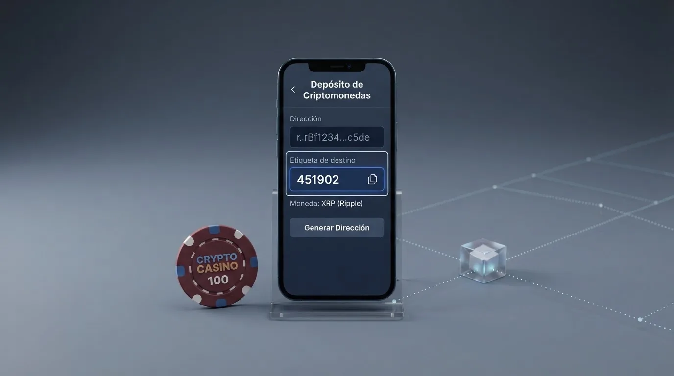 Esquema visual del flujo de un depósito con XRP: monedero del jugador, dirección del casino, destination tag y confirmación en la blockchain