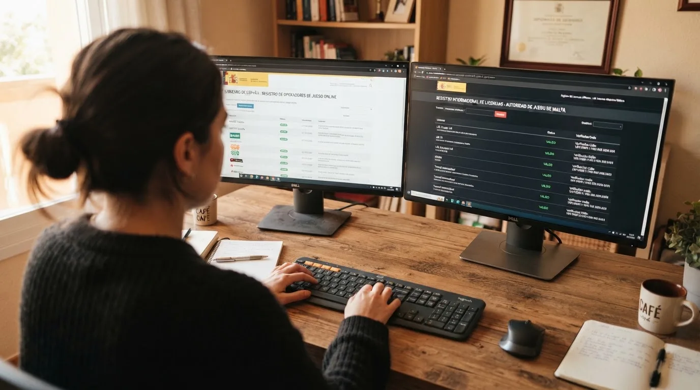 Pantalla dividida con el buscador de operadores de la DGOJ a la izquierda y el registro público de Anjouan a la derecha