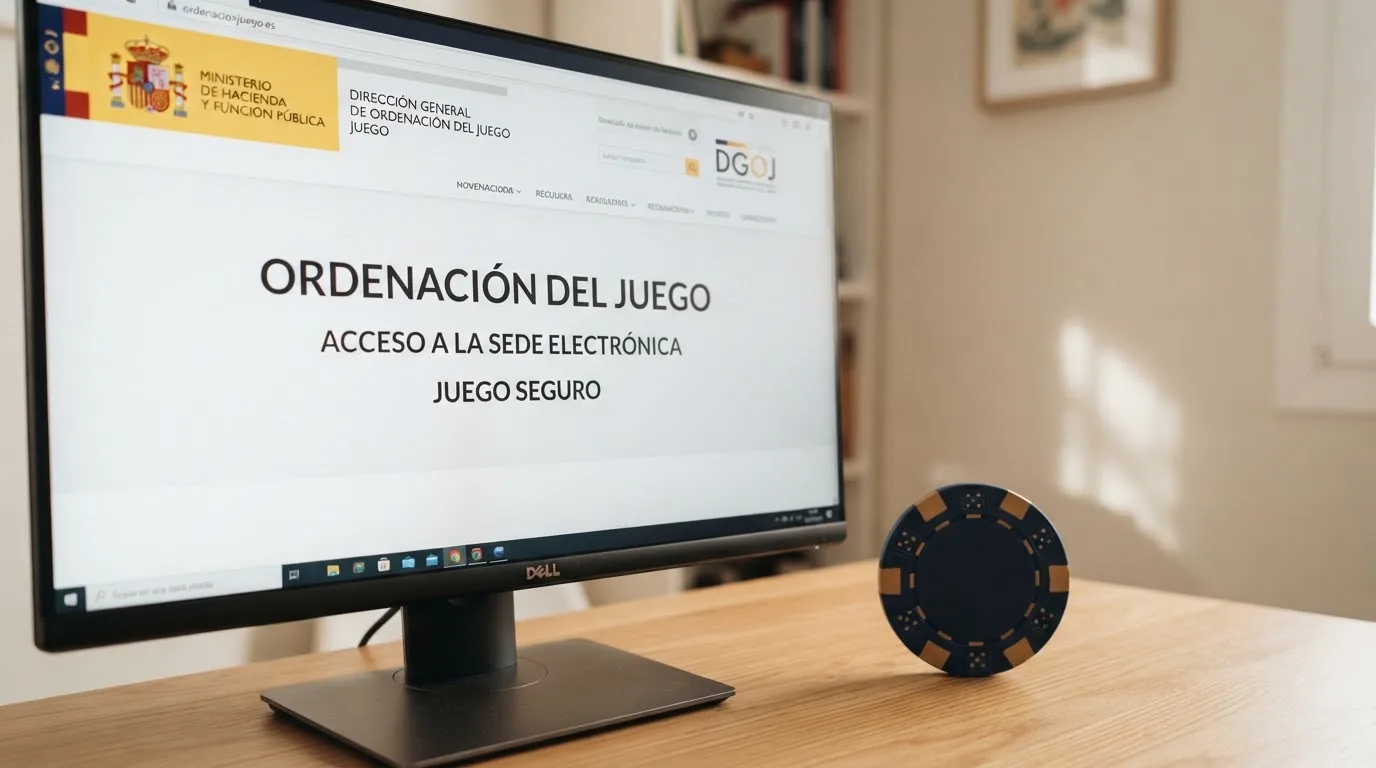 Primer plano de un sello oficial de la DGOJ sobre el monitor de un ordenador, junto a un DNI español y el texto «ordenacionjuego.es» visible en la pantalla