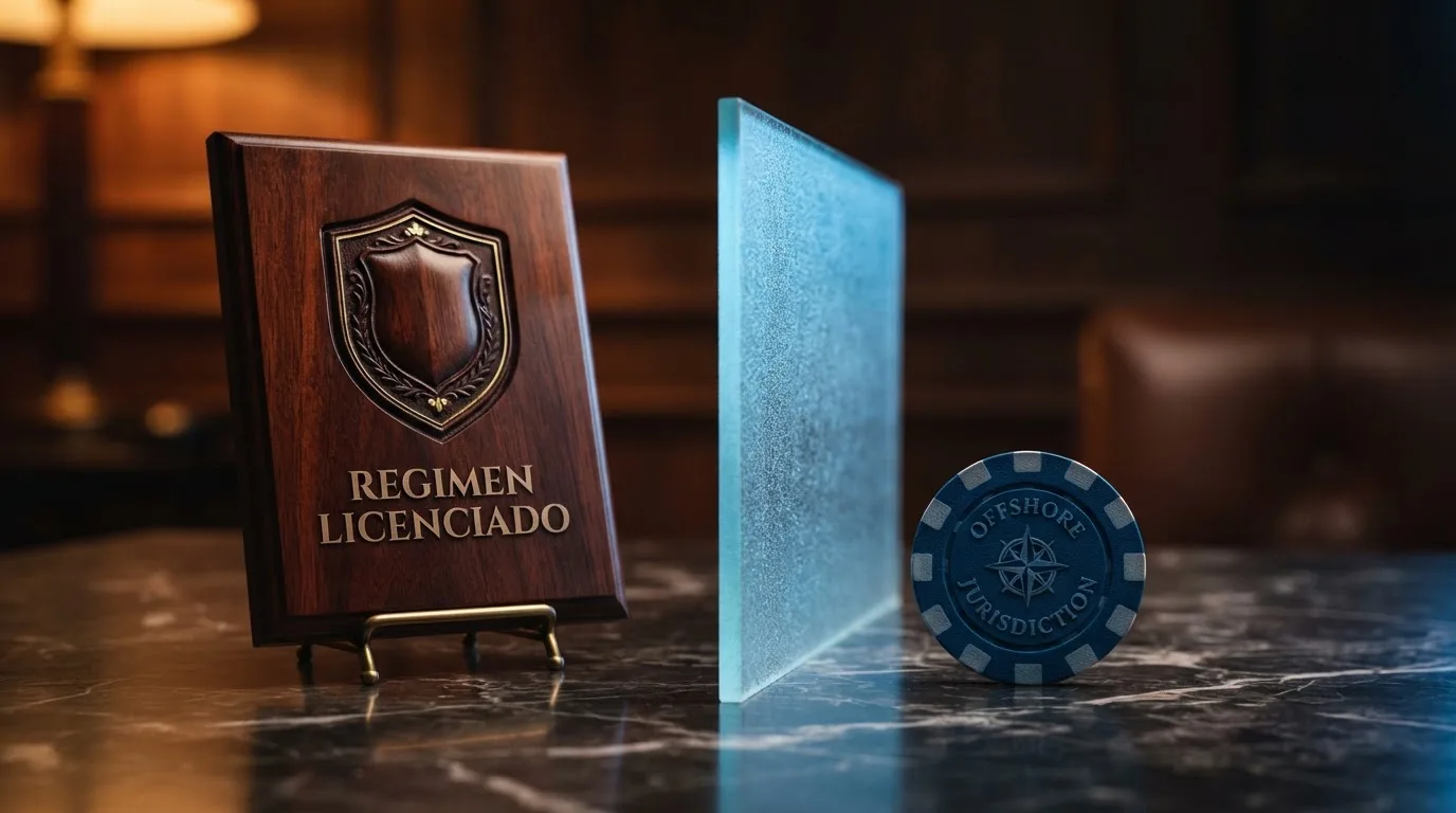 Representación visual de dos caminos: un casino con el sello de la DGOJ y otro con licencia de Curaçao, separados por una barrera que simboliza la protección al jugador