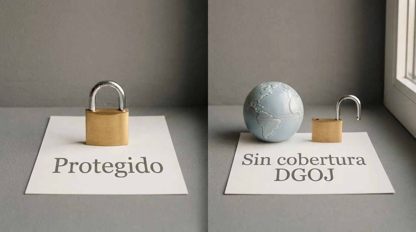 División visual en dos columnas: a la izquierda el sello de la DGOJ con un candado y la palabra «Protegido»; a la derecha un globo terráqueo con el texto «Sin cobertura DGOJ»