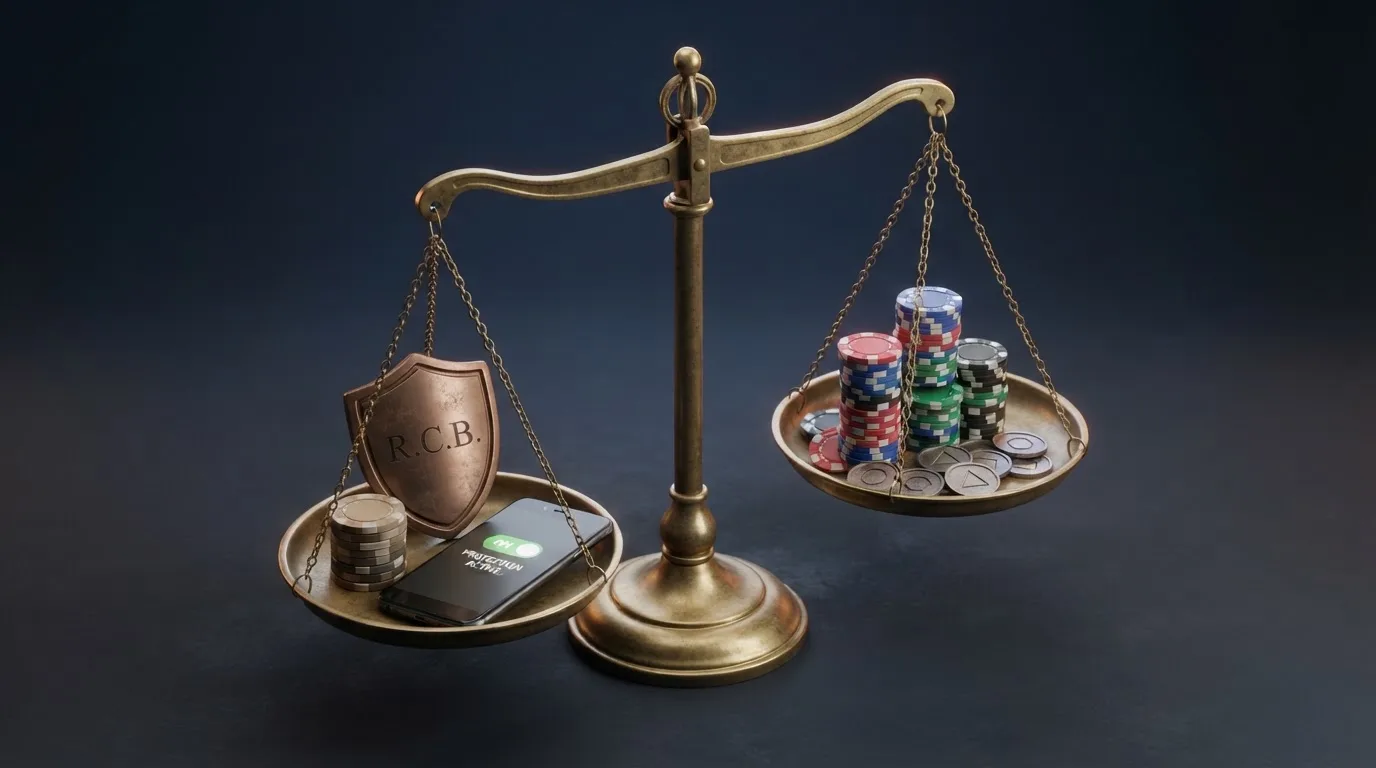 Una balanza de dos platillos: en el izquierdo, un escudo con las siglas DGOJ, fichas limitadas y un teléfono con la app de autoexclusión; en el derecho, un montón de fichas sin límite y monedas de criptomonedas, pero sin escudo