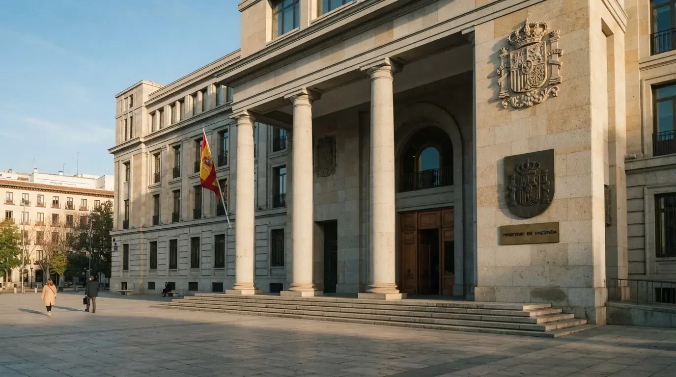 El edificio de la Dirección General de Ordenación del Juego en Madrid con el escudo oficial y la bandera de Españ a
