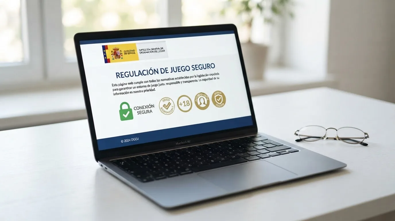 El logotipo de la DGOJ visible en la pantalla de un ordenador junto al candado de conexión segura y el sello de juego responsable de un casino online español